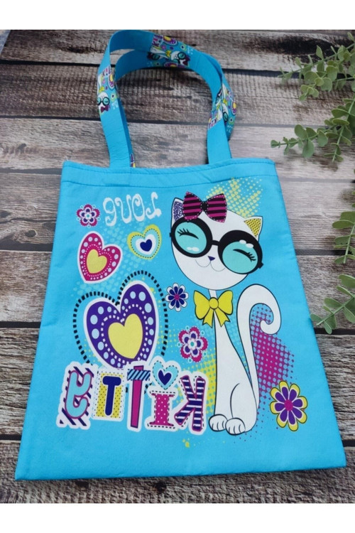 Kedi Desenli Baskılı Kumaş Çocuk Çantası Omuz Askılı Bez Çanta