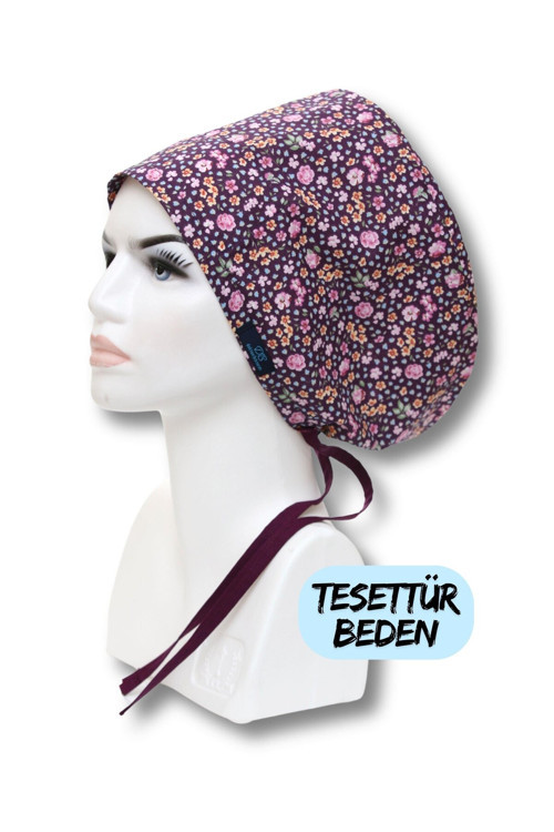 Tesettür Mor Çıtır Çiçekler Desenli Cerrahi Bone Doktor Hemşire Sağlıkçı Hastane Aşçı Bonesi Geniş