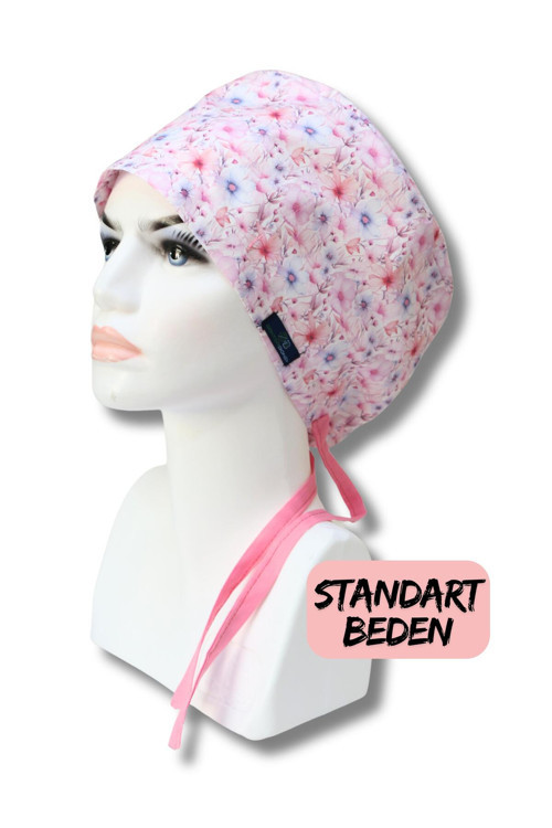 Standart Beden Pembe Çiçekler Cerrahi Bone Doktor Hemşire Sağlıkçı Hastane Bonesi