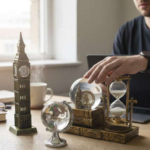 Kişiye Özel Dekoratif Big Ben Maketi Kum Saati Dünya Küresi Masaüstü Ofis Dekor Seti