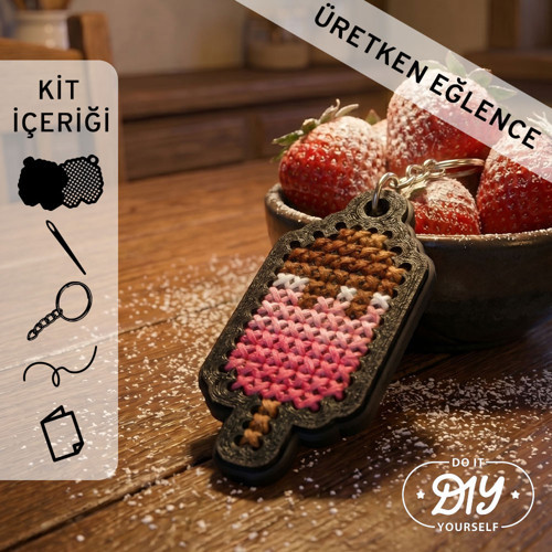 Yummina Serisi: Çilekli Dondurma Etamin Çarpı İşi Anahtarlık- Yeni Başlayanlar İçin Hobi Seti