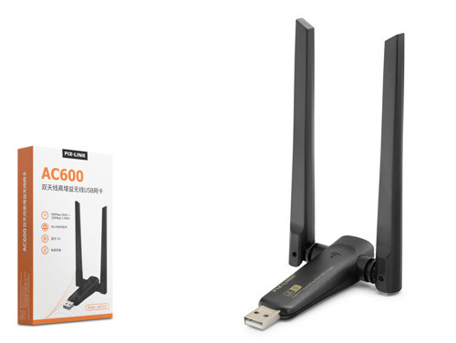 PIXLINK UAC21D USB WiFi Bluetooth Adaptörü AC600 Dual Band 5 GHz WiFi 5 BT 4.2 Siyah