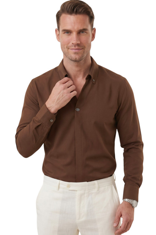 Kahve Slim Fit Kolay Ütülenebilir Açık Dik Yaka Likralı Erkek Gömlek 2602615
