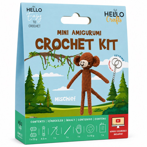 Mini Amigurumi Maymun Yapım Kiti – Anahtarlık veya Amigurumi Oyuncak Yap, Video Anlatımlı