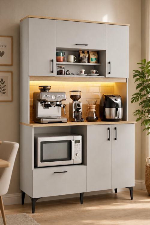 Asena LED Işıklı Çok Amaçlı Dolap 5 Kapaklı 1 Çekmeceli Airfryr Mikrodalgalı Kahve Köşesi Gri Meşe