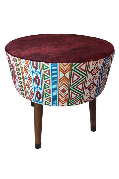 Puf Koltuk Bench Tabure – Modern Kilim Bordo - Ahşap Ayaklı - Doğal Modern Stil