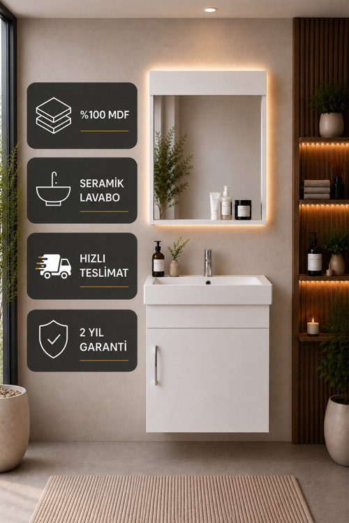 Luzia 50 Cm Banyo Dolabı Seti ( %100 Mdf + Seramik Lavabolu + Aynalı Dolap )