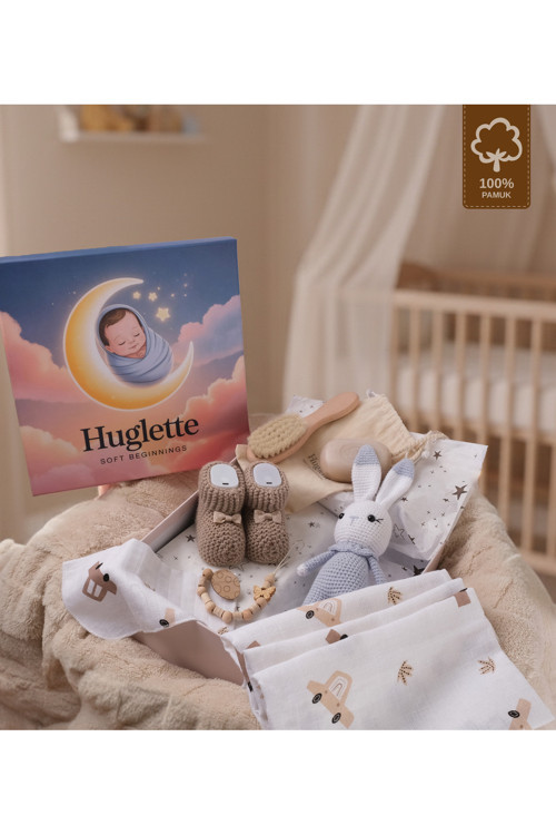 Winny - Yenidoğan Hediye Seti – Müslin Örtü + Örme Patik + Emzik Tutucu + El Örgüsü Amigurumi Oyuncak + Sabun Fırça Seti - Baby Gift
