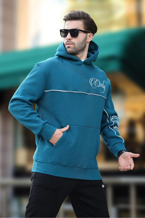 Petrol Mavisi Kapüşonlu Şerit Detaylı Baskılı Erkek Sweatshirt 7091