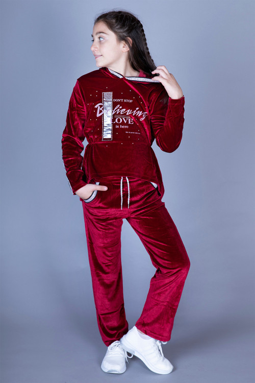 Kız Çocuk 2'li Kadife Takım Baskılı Kapüşonlu Sweatshirt & Beli Lastikli Cepli Eşofman Altı - Şerit Detaylı