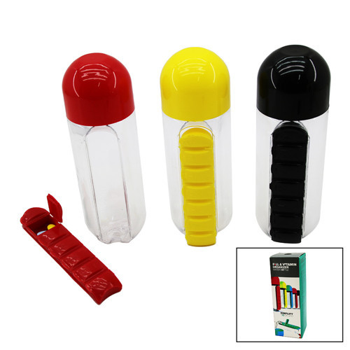 İLAÇ KUTULU PLASTİK SULUK MATARA RENKLİ BARDAK KAPAKLI 600ML (4887)