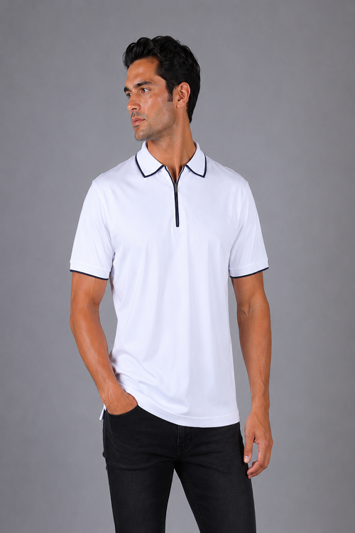Beyaz Çerçeve Polo Yaka Fermuarli T-shirt