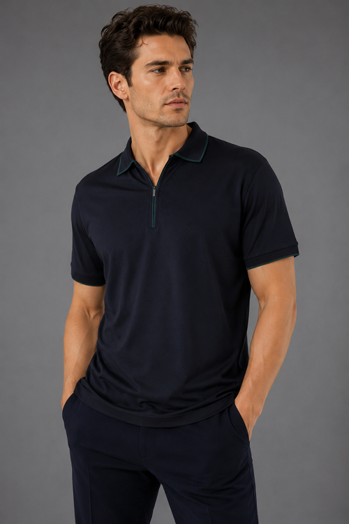 Markas Lacivert Çerçeve Polo Yaka Fermuarli T-shirt