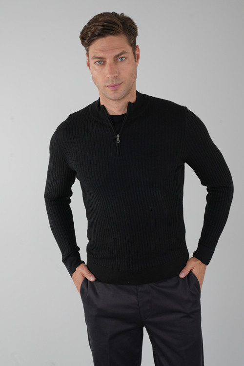 Siyah Regular Fit Yün Fermuarlı Yarım Balıkçı Full Jakar Triko