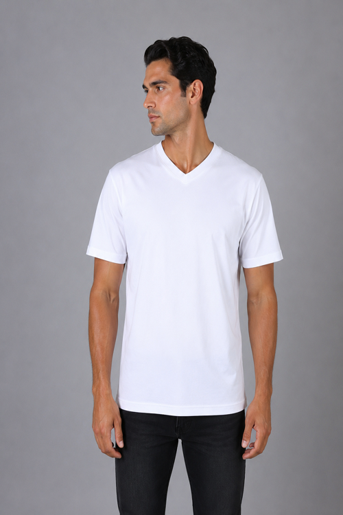 Beyaz V Yaka Basic T-shirt