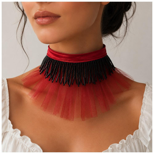 Kırmızı Organze Tül - Saten - Siyah El İşi Boncuk Kadın Choker