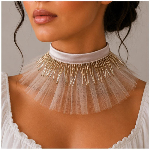 Pudra Renk Organze Tül - Saten - Pudra Renk El İşi Boncuk Kadın Choker