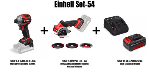 Set-54 (Einhell TP-CI 18/250-C Li BL Akülü Darbeli Vidalama+Einhell TP-CO 18/76-C Li BL PROFESSIONAL Akülü Kesme Taşlama Makinesi+Einhell 18V 4,0 Ah PXC Starter Kit, Akü & Şarj Cihazı)