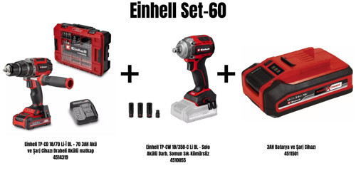 Set-60(Einhell TP-CD 18/70 Li-İ BL Drabeli Akülü matkap+Einhell TP-CW 18/350-C Li BL Akülü Darb. Somun Sık-Kömürsüz+3AH Batarya ve Şarj Cihazı)