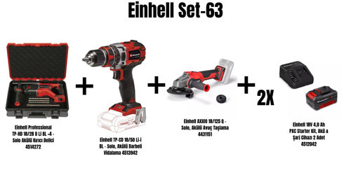 Set-63(TP-HD 18/28 D Li BL Akülü Kırıcı Delici+TP-CD 18/50 Li-i BL Akülü Darbeli Vidalama+AXXIO 18/125 Q Akülü Avuç Taşlama+218V 4,0 Ah PXC Starter Kit, Akü & Şarj Cihazı)