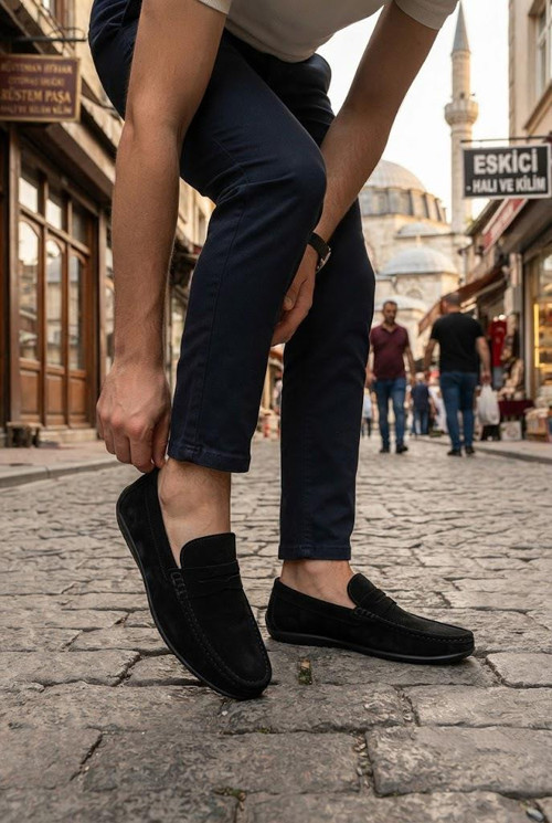 31100 Siyah Süet Hakiki Deri Loafer Erkek Babet Erkek Ayakkabı