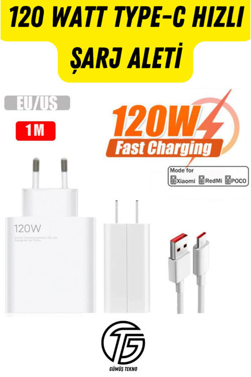 QÜMÜŞ 120 Watt Turbo Hızlı Şarz Aleti Adaptör ve Kablo Seti Type-c Samsung Galaxy Note 8 Uyumlu 2