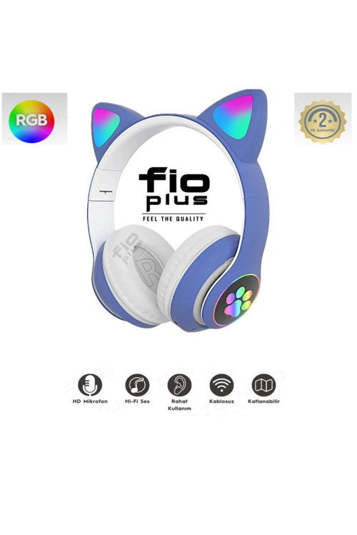 FİOPLUS Kablosuz Bluetooth 5.0 Led Işıklı Kedili Kulaklık Hediye ios Android Uyumlu 8d Stereo Hd Ses