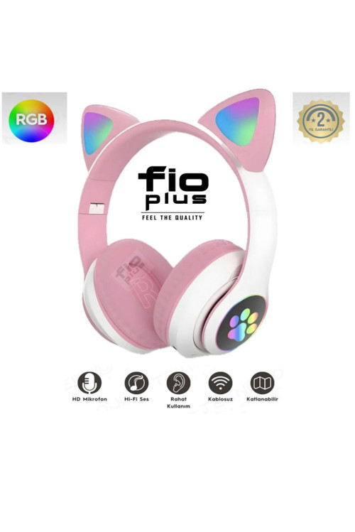 FİOPLUS Kablosuz Bluetooth 5.0 Led Işıklı Kedili Kulaklık Hediye ios Android Uyumlu 8d Stereo Hd Ses