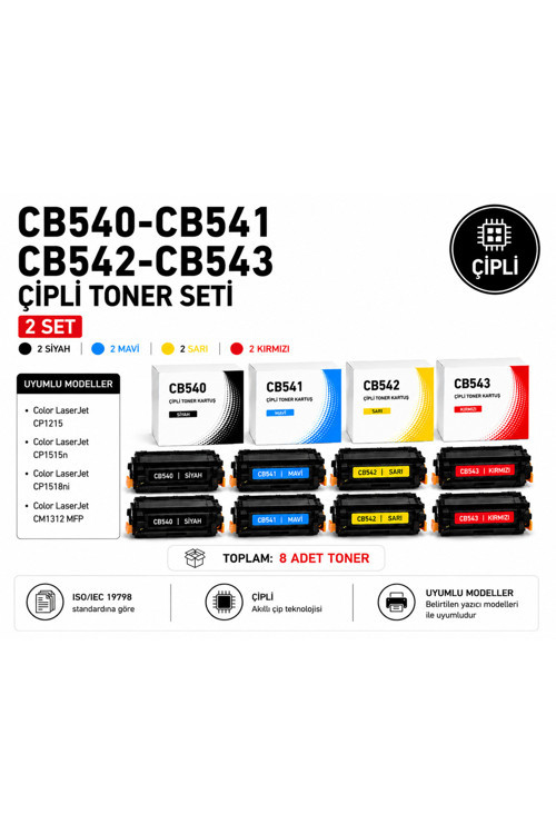 HP CB540A-CB541A-CB542A-CB543A Çipli Toner 8 lı Toner Seti - 2 adet Siyah - 2 adet Mavi - 2 adet Sarı - 2adet Kırmızı