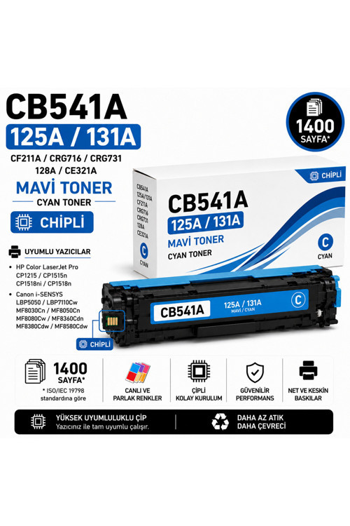 HP CB541A-125A-131A-CF211A-CRG-716-CRG731-128A-CE321A Mavi 1400 Sayfa