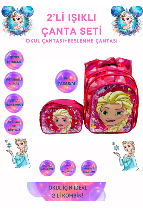 Kız Çocuk(Elsa Model) Işıklı İlkokul Çantası 2’li Takım