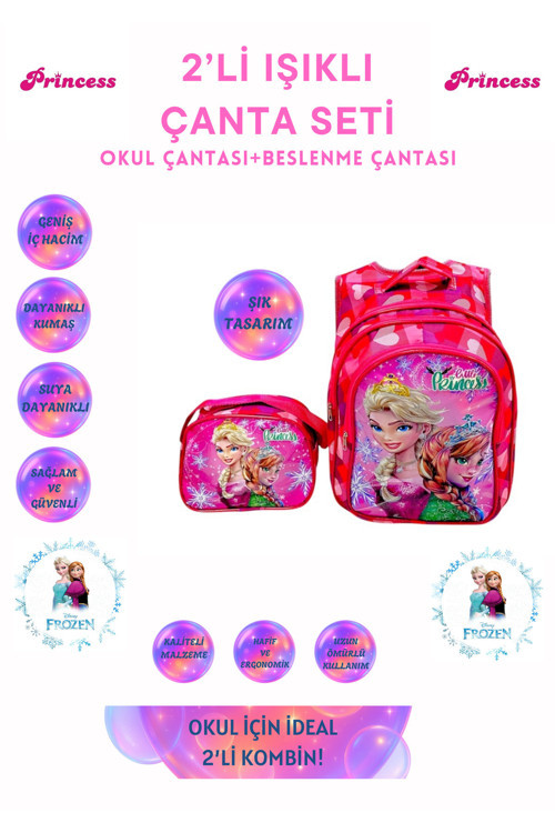 Kız Çocuk(Prenses Model) Işıklı İlkokul Çantası 2’li Takım