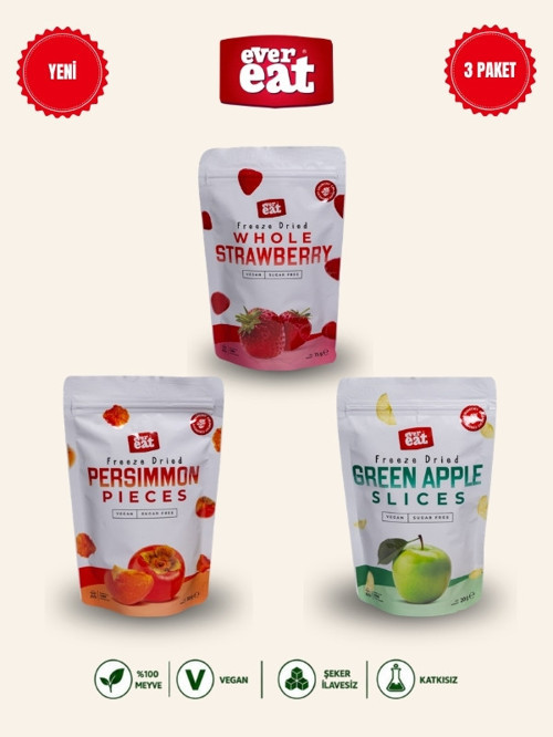 Çilek-Cennet Hurması-Elma Freeze Dry Meyve Cipsi 3'lü Paket Doğal Atıştırmalık
