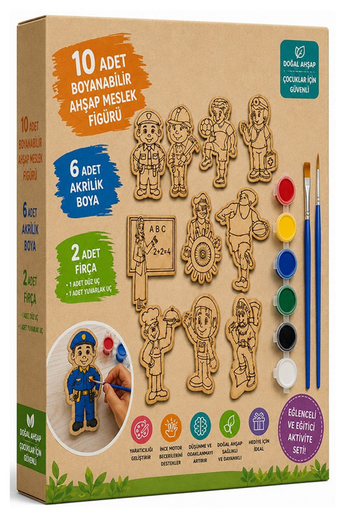 Ahşap Boyama Meslekler 10 lu 1 Paket 10x15cm Ahşap Boyama 6 Renk Boya Resim Fırçası Etkinlik Çocuk Gelişim Motor Beceri