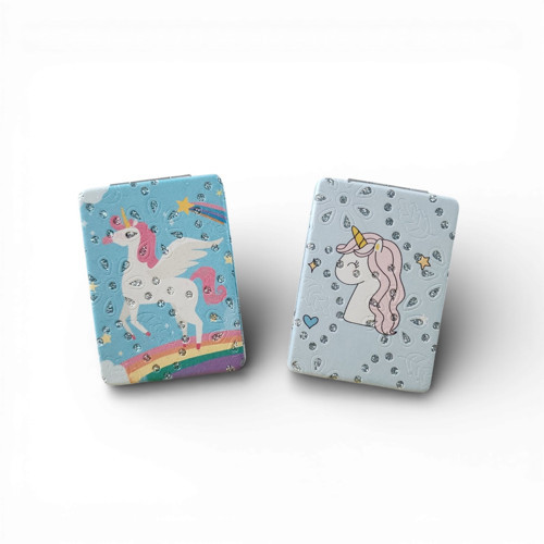 Kadın İkili Cep Aynası Gökkuşağı ve Unicorn Tasarımlı