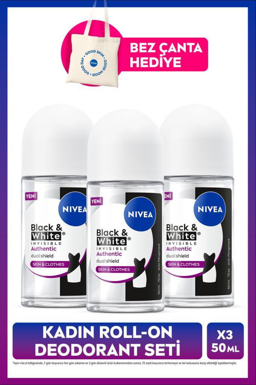 Kadın Roll-on Deodorant Black&White Authentic 50ml,Terleme Karşıtı,Alkolsüz, X3 Adet, Çanta Hediye