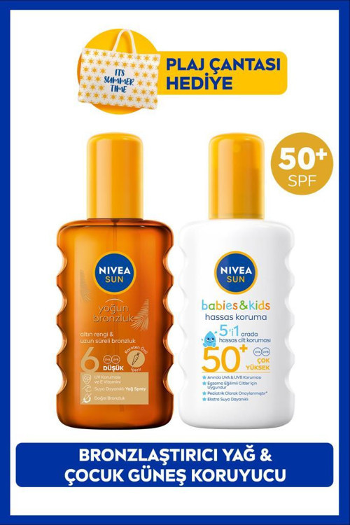 SUN SPF50 Çocuklar İçin Hassas Güneş Koruyucu Sprey 200ml ve Bronzlaştırıcı Güneş Yağı,Çanta Hediye