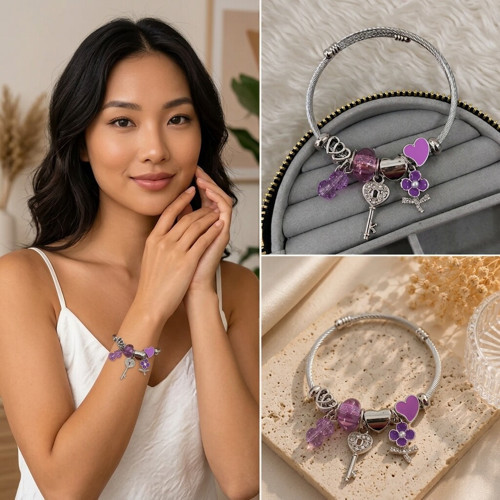 Premium Mor Kalp ve Anahtar Charm Detaylı Gümüş Renk Kadın Charm Bijuteri Bileklik (20cm)