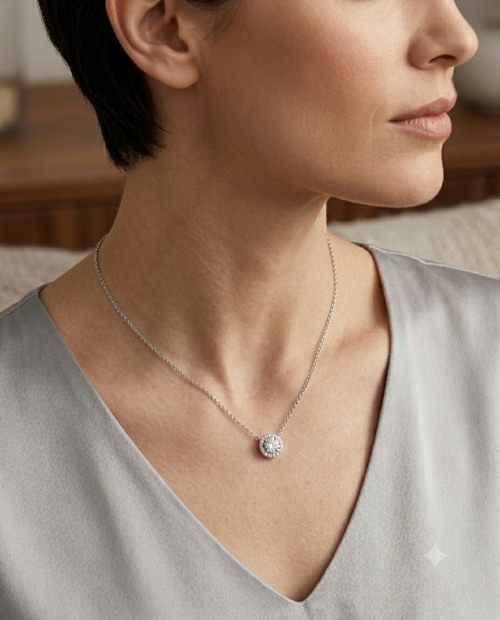 Kadın Moissanite Yuvarlak Tek Taş Model Etrafı Sıralı Taş Detay Gümüş Kolye