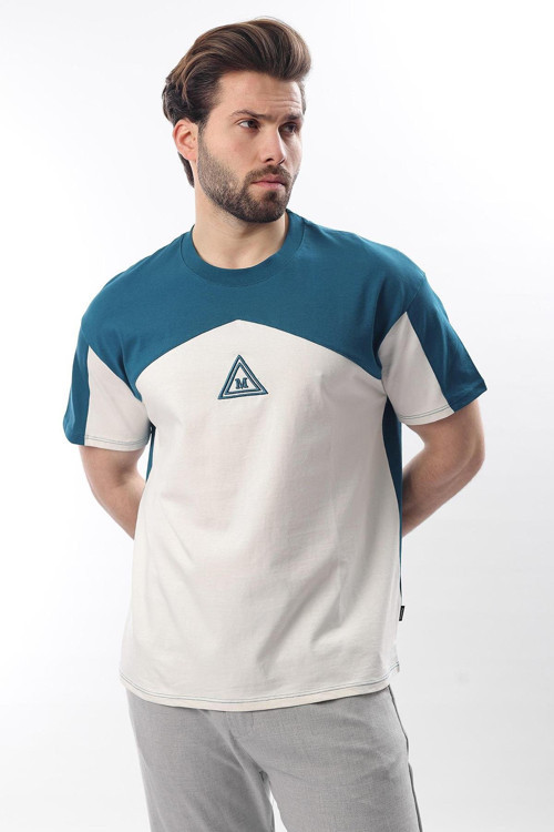 Petrol Mavisi Overfit Garnili Erkek T-Shirt E7104