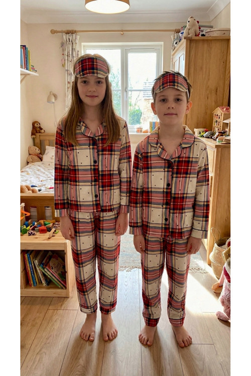 Erkek Çocuk %100 Pamuk Ekose Desenli Uzun Kollu Pijama Takımı + Göz Bandı