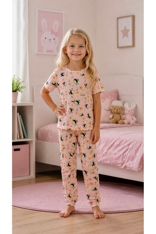 Kız Çocuk Arı Desenli Kısa Kollu Pijama Takımı