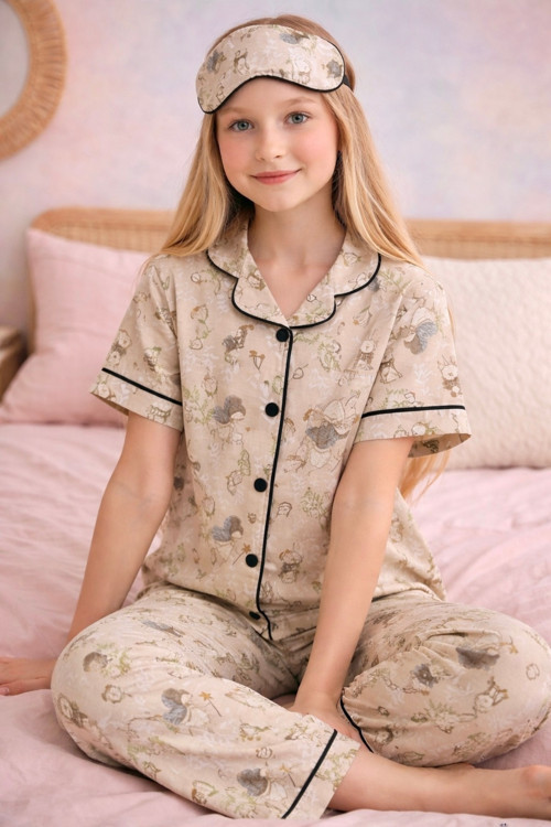 Kız Çocuk Pamuklu Tavşan Desenli Yazlık Göz Bantlı Pijama Takımı