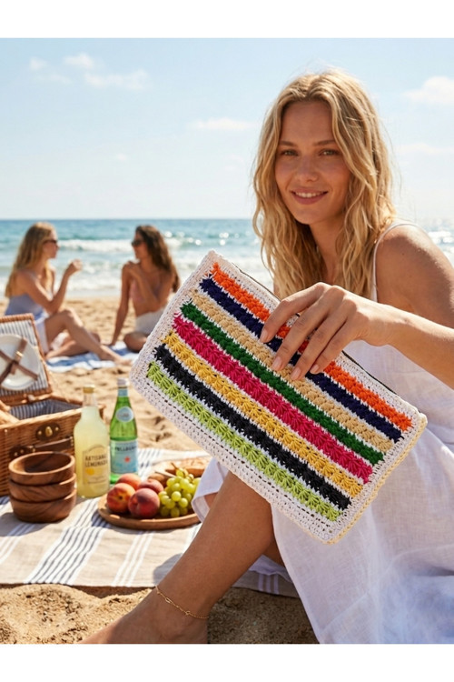 Kadın Çok Renkli Hasır Clutch El Yapımı Fermuarlı Çanta-Astarsız