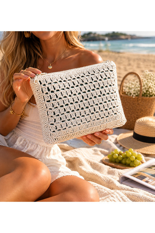 Kadın Beyaz Hasır Clutch El Yapımı Fermuarlı Çanta-Astarlı