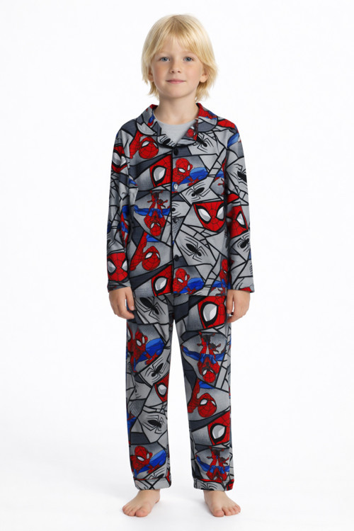 Erkek Çocuk Uzun Kollu Düğmeli 4 Mevsim Pijama Takımı + Göz Bandı