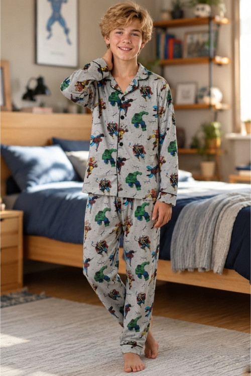 Erkek Çocuk Uzun Kollu Düğmeli Pijama Takımı + Göz Bandı