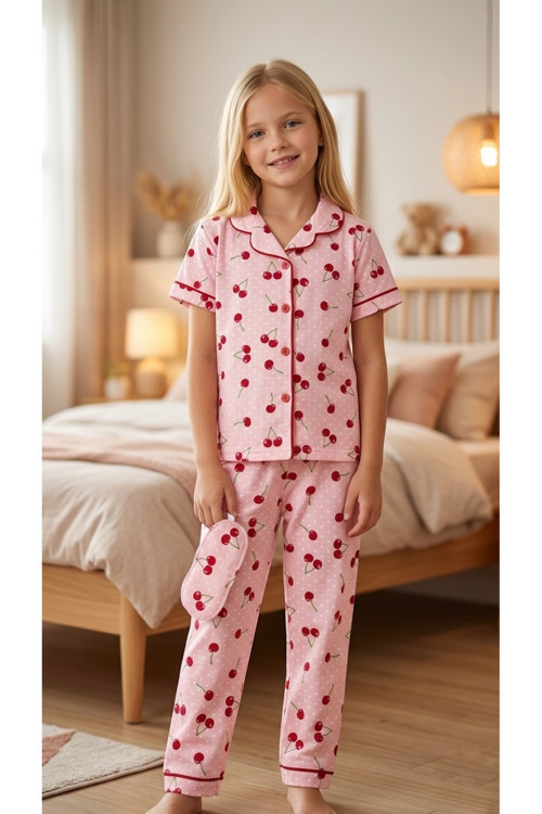 Kız Çocuk Pamuklu Kiraz Desenli Yazlık Göz Bantlı Pijama Takımı