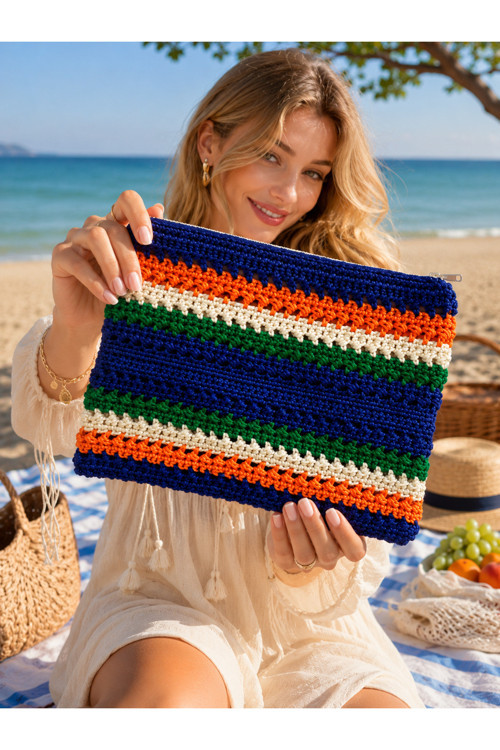 Kadın Çok Renkli Hasır Fermuarlı Clutch Çanta-Astarsız