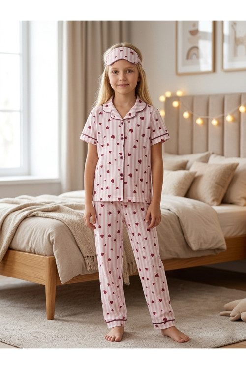 Kız Çocuk Pamuklu Kalp Desenli Çizgili Yazlık Göz Bantlı Pijama Takımı